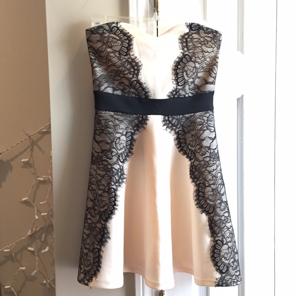 Petite Cream & Black Lace Dress